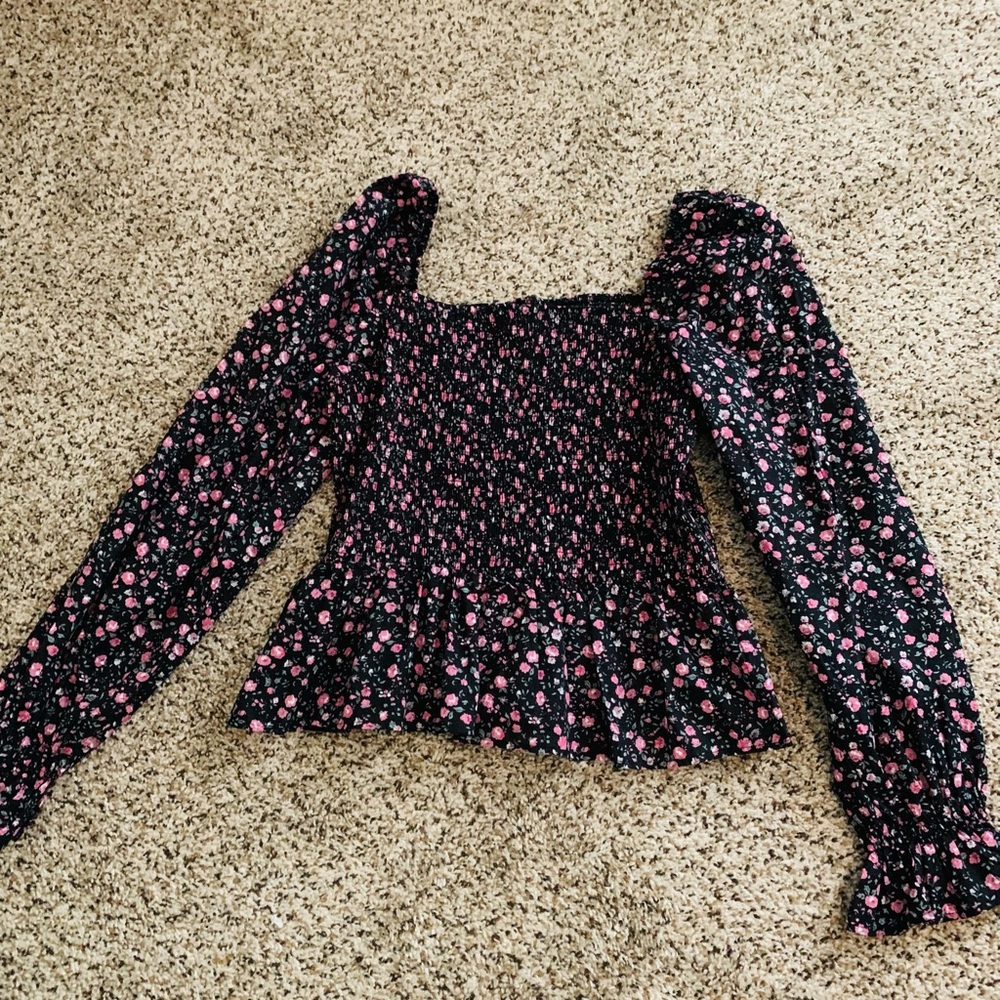 Black and Pink Smocked Long Sleeve Blouse